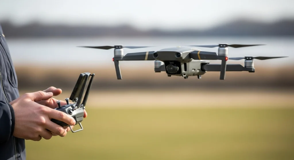Pessoa controlando um drone custo-benefício em ambiente externo em 2026