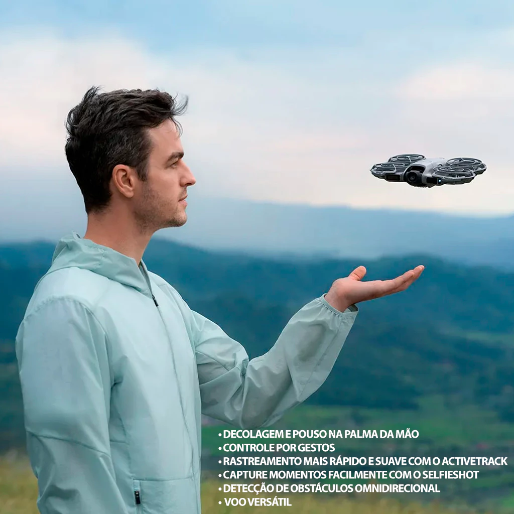 Drone Dji Neo 2 Fly realizando pouso automático na palma da mão com visão computacional.