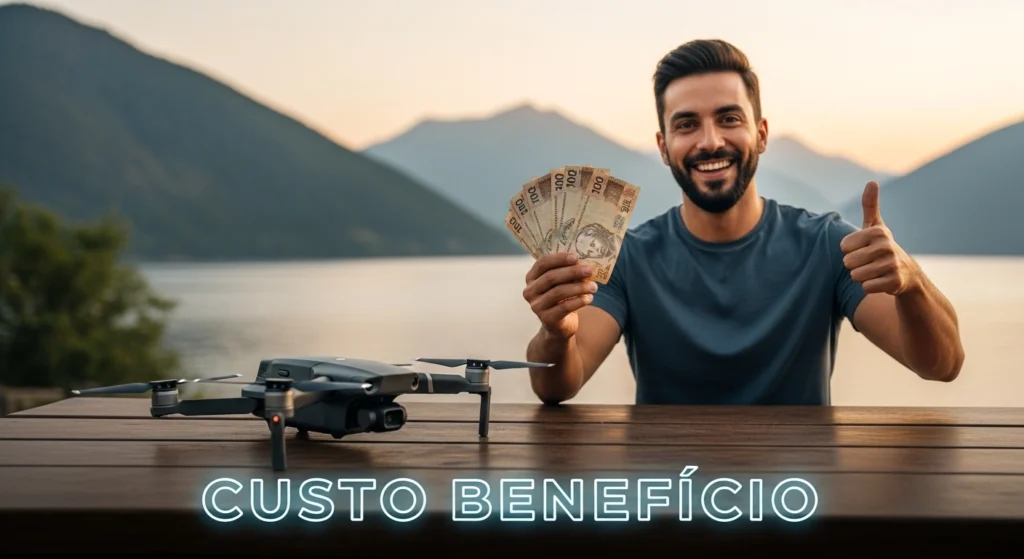 Drone custo-benefício voando em área aberta mostrando sensores de estabilização inteligente.