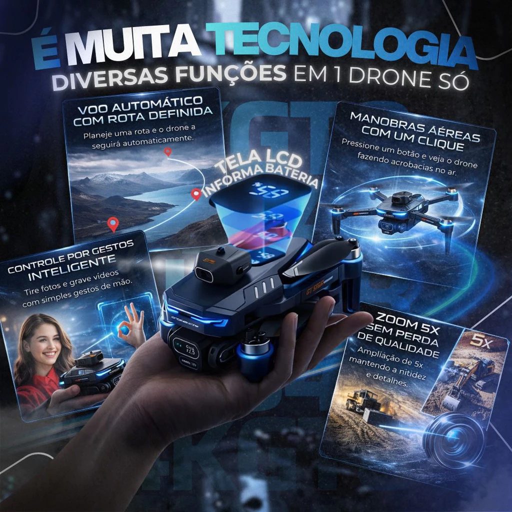Drone GT8 com baterias, controle e bolsa de transporte.
